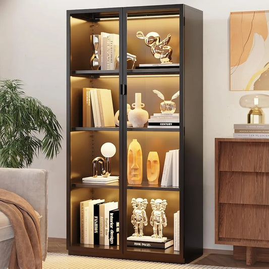 Wood Display Cabinet With Glass Doors Adjustable Shelves LED Lighting