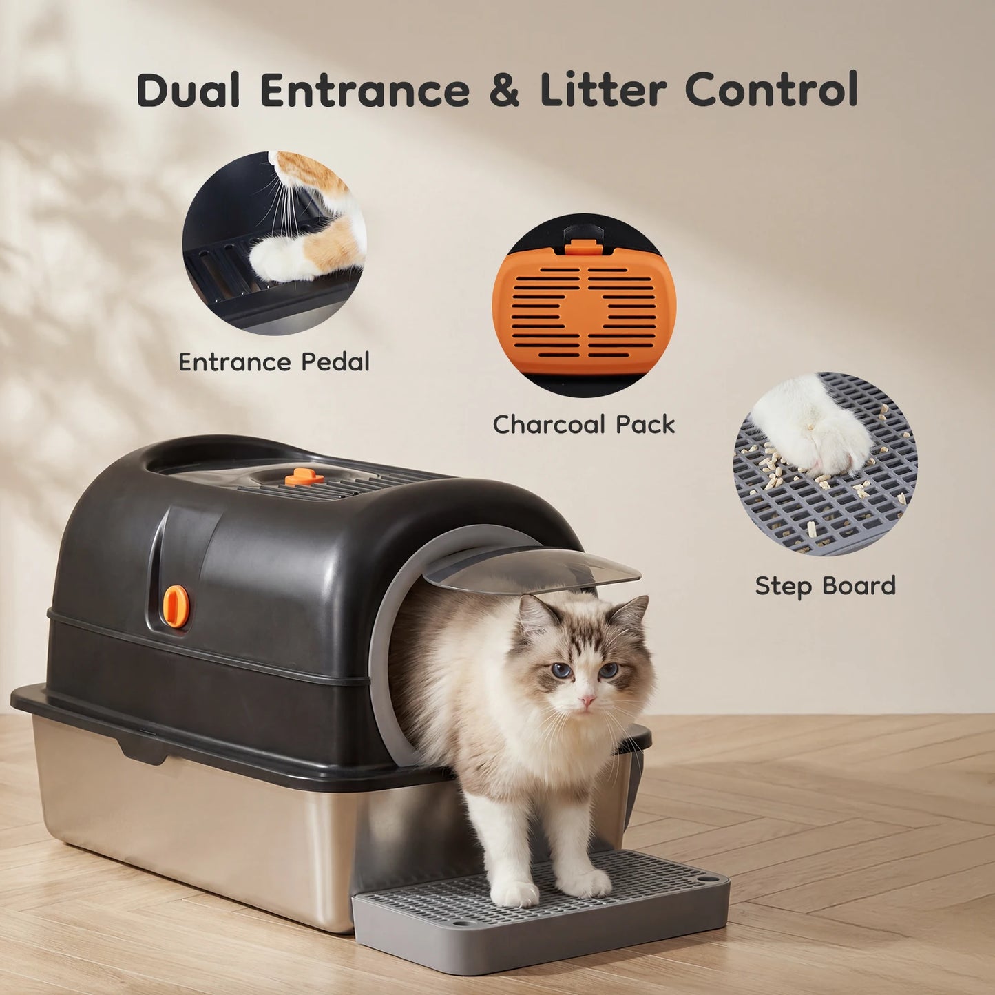 Stainless Steel Fully Enclosed Cat Litter Box With Scoop And Mat