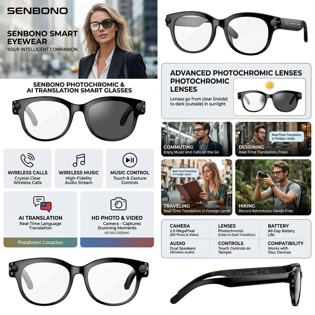 SENBONO AI Smart Glasses With Camera Photo Recognition And Translation