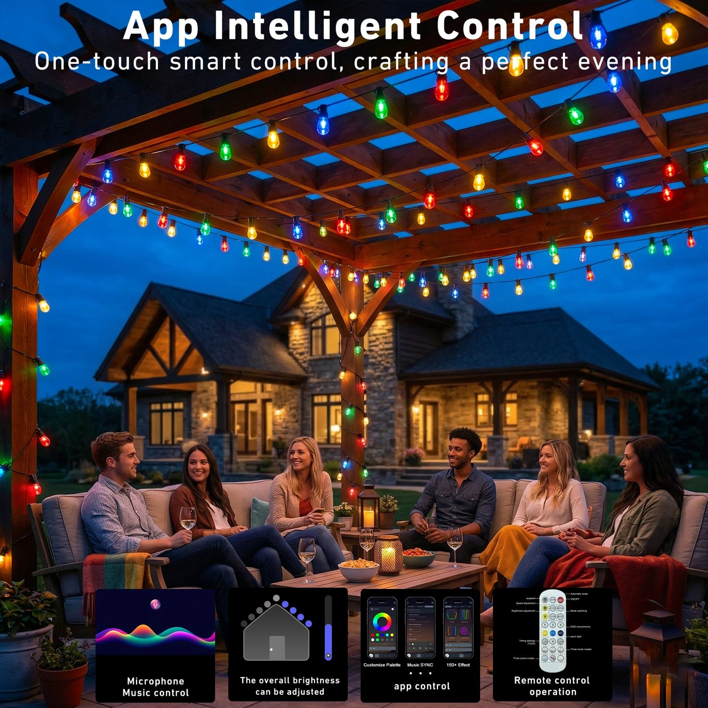 Smart App Controlled Outdoor String Lights With Dimmable LED Bulbs