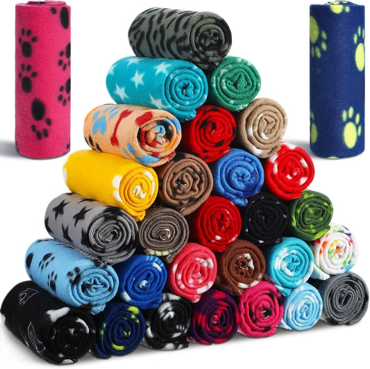 28-Piece Fleece Pet Blankets Set, Soft Warm Paw Print Sleep Mats for Dogs Cats, 27.5x39.3 Inch