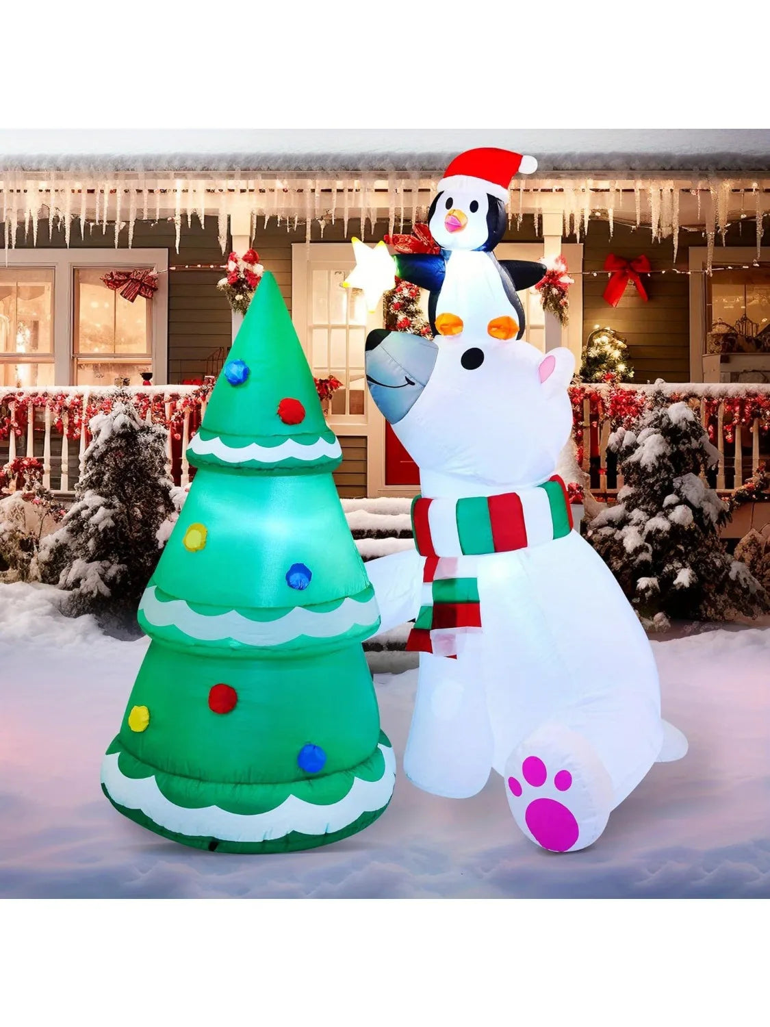 Joyfy Christmas Inflatable Polar Bear With Penguin Tree LED Decoration