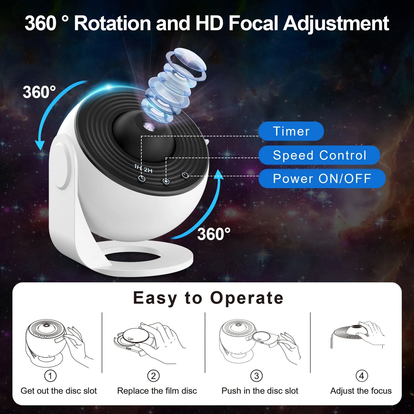 Mexllex 13 In 1 Galaxy Star Projector - 360 Degree Rotation And Half Hour Timer LED Night Light For Kids And Adults