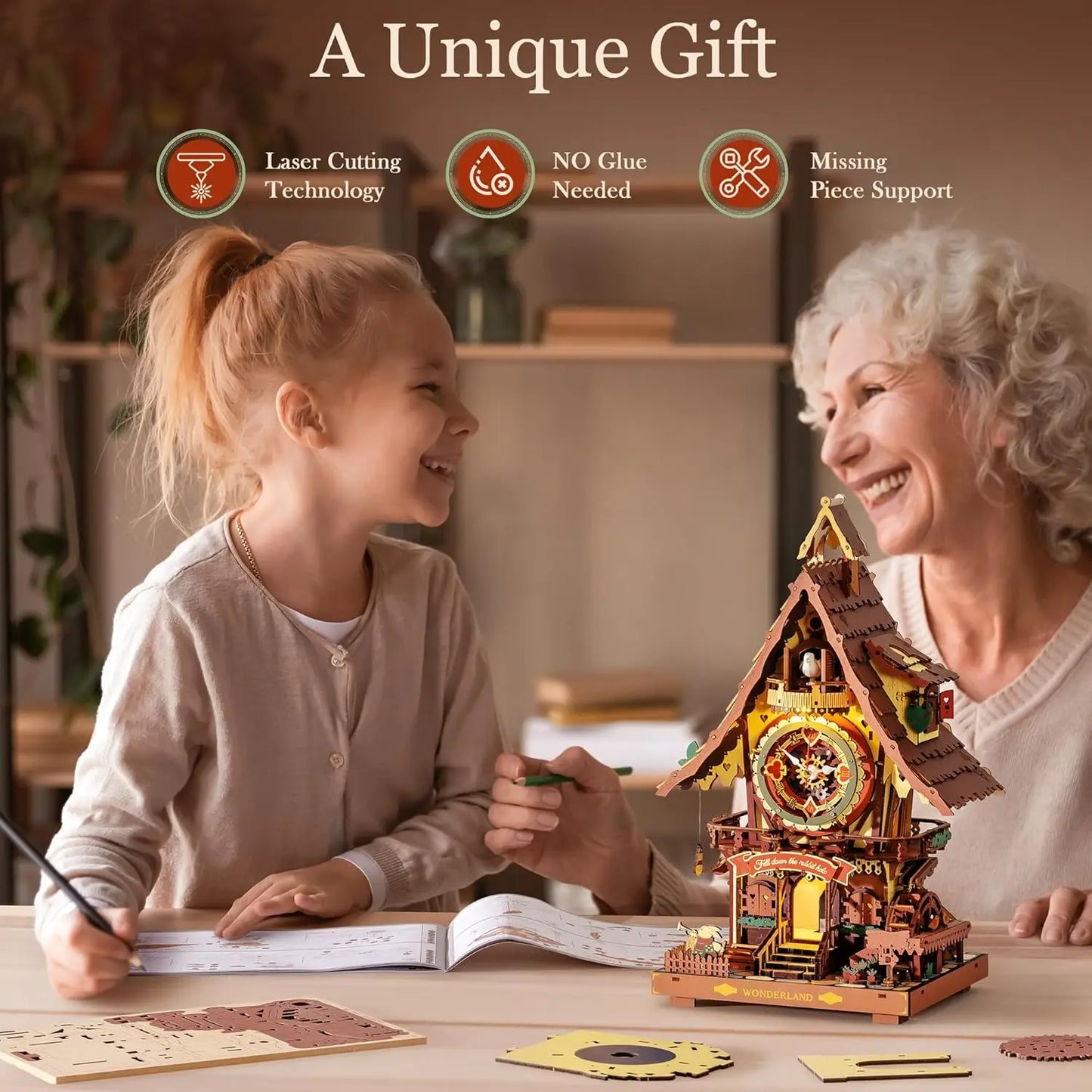Robotime Rokr 3D Wooden Puzzle Cuckoo Clock Kit With Working Bird
