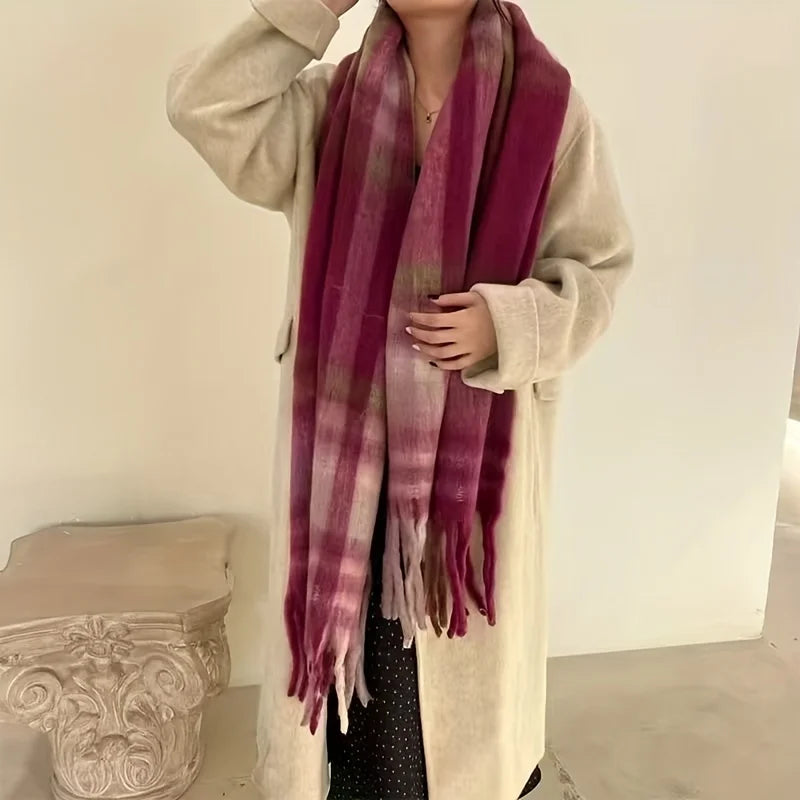 Boho Plaid Tassel Chunky Knit Scarf Shawl Neck Warmer