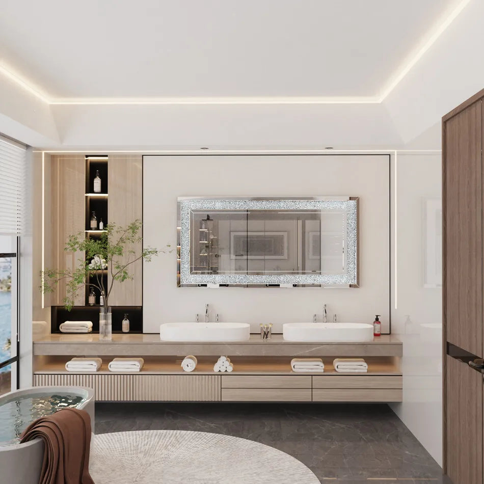 LUVODI ImpeccablyLuxurious Sparkling Crystal Rhinestone Frameless Vanity Mirror Wall Mount