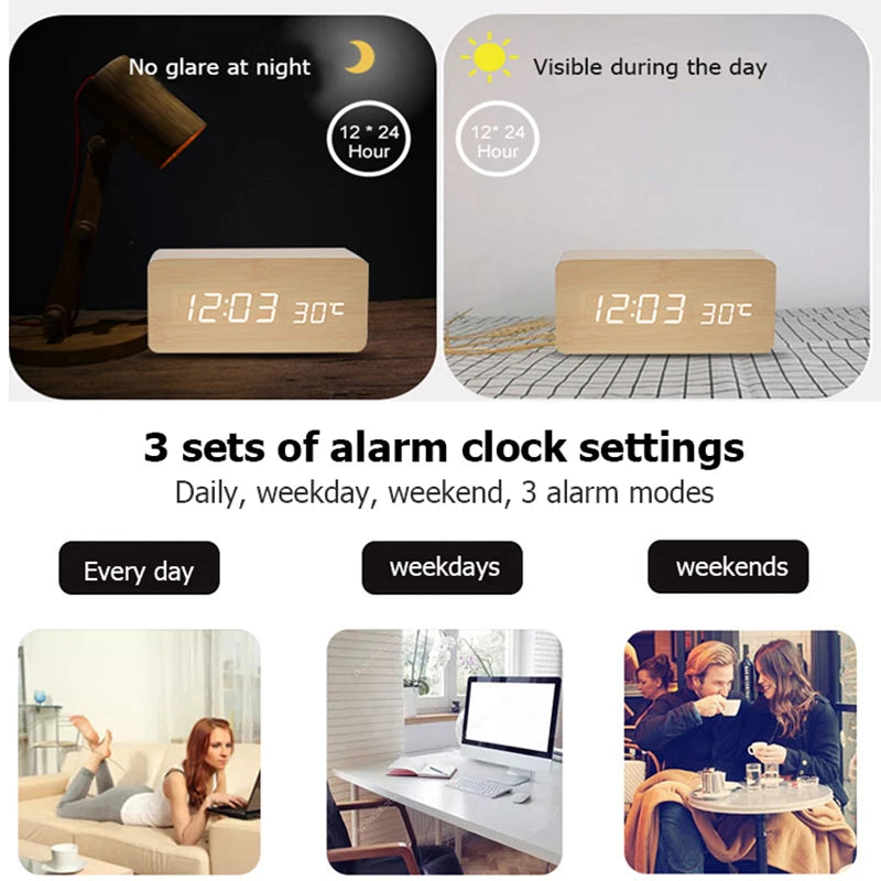 Niditon Wooden Digital Alarm Clock With Temperature Display
