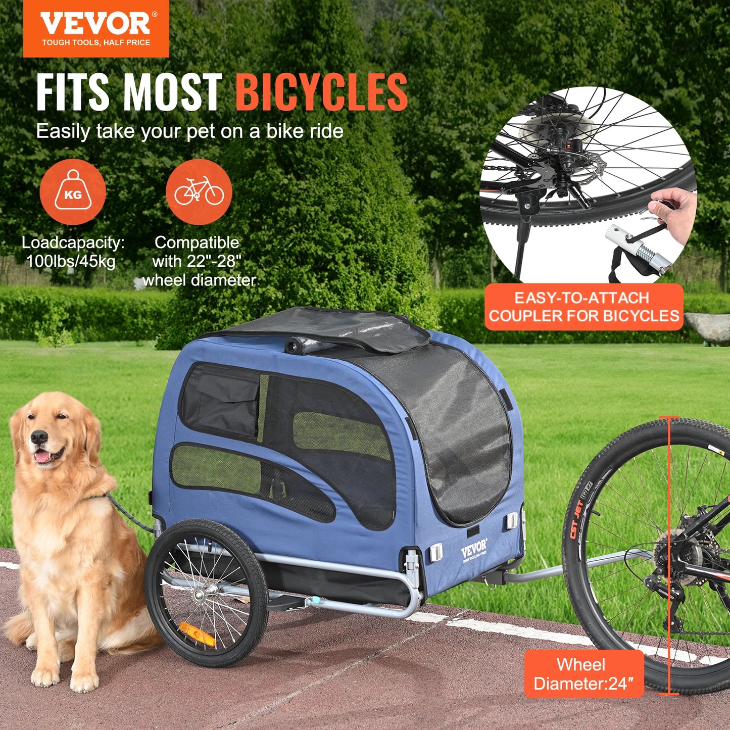 Pet Bicycle Trailer Carrier For Dogs With Coupler And Reflectors
