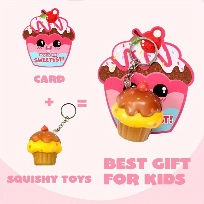 JOYFY 28 Pack Dessert squishy toys Stress Relief Keychains with Cards for Valentine’s Greeting Cards Party Favors Exchange Prize