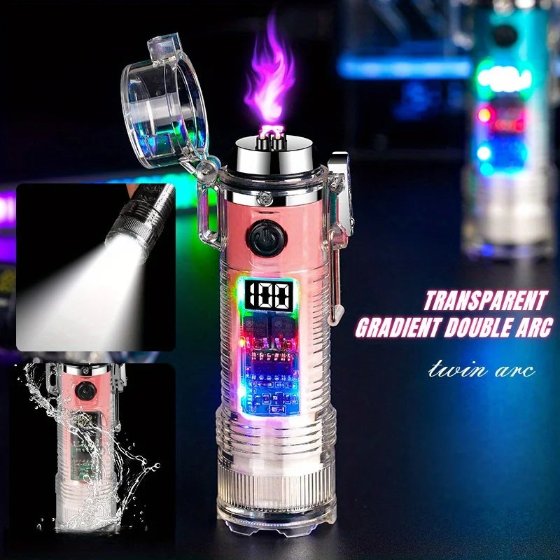 TopFlames Transparent Cylindrical Arc Plasma Lighter With Flashlight TypeC