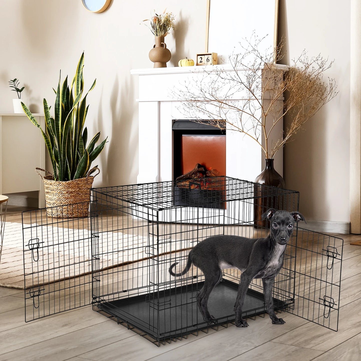 JHK Folding Metal Dog Cage With Double Doors And Pan