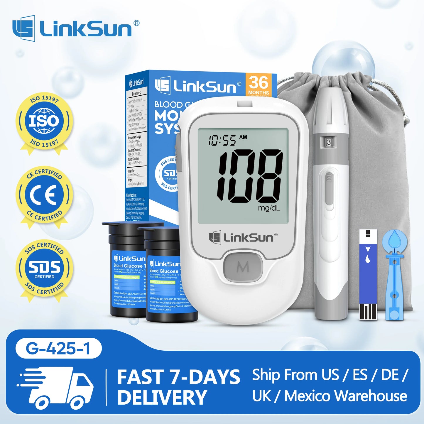 Linksun Blood Glucose Monitor 50 Strips Lancing Device