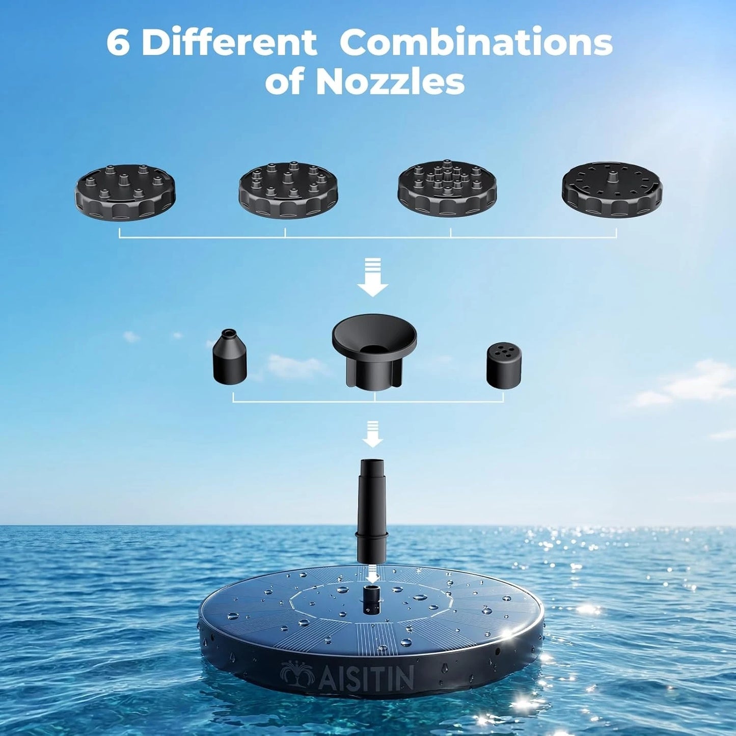 Floating Solar Fountain With 6 Nozzles and 4 Crash Bars