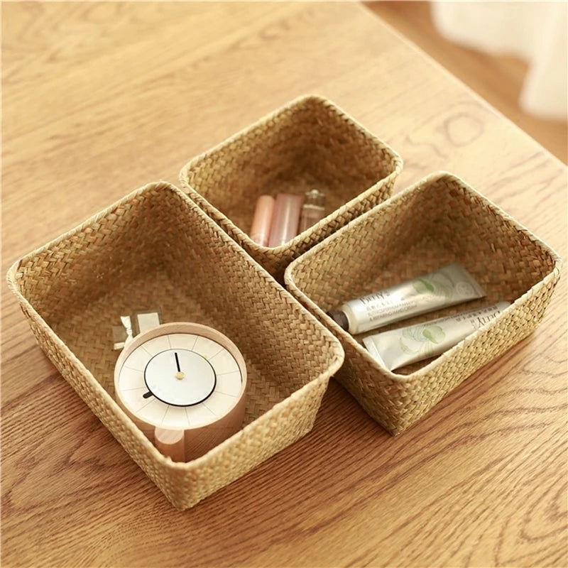 Woven Seagrass Wicker Storage Basket Rectangular Rattan Organizer Sundries
