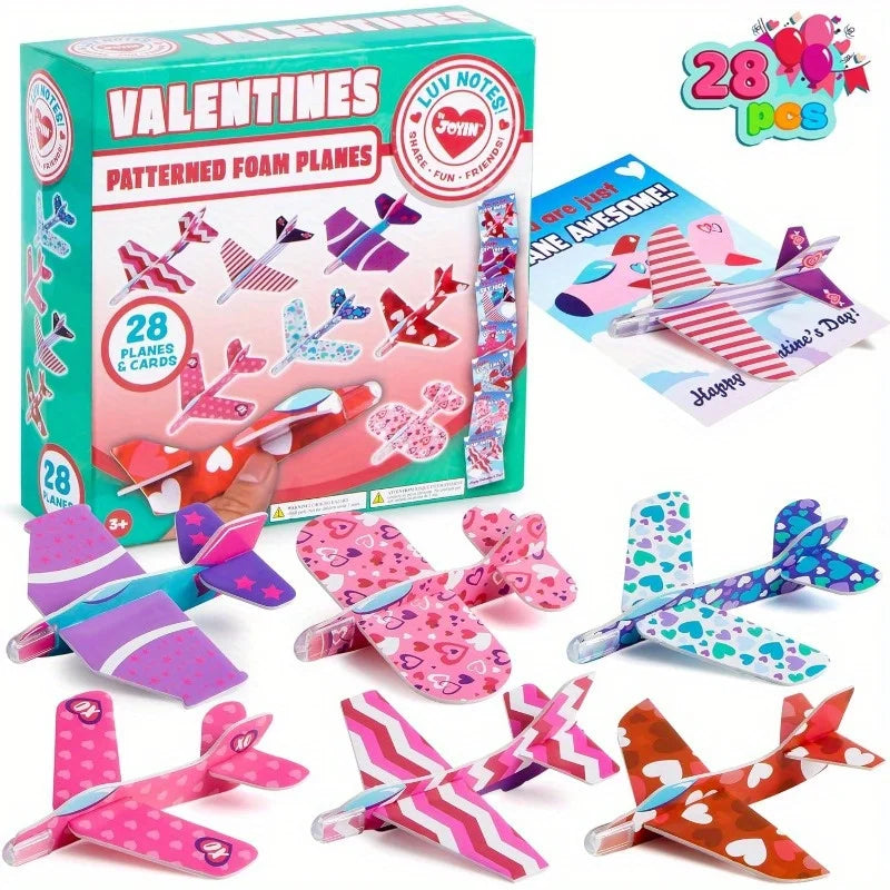 JOYFY 28 Valentines Day Foam Airplanes Greeting Cards with Valentine Punchline for School Classroom Exchange Prizes Party Favor