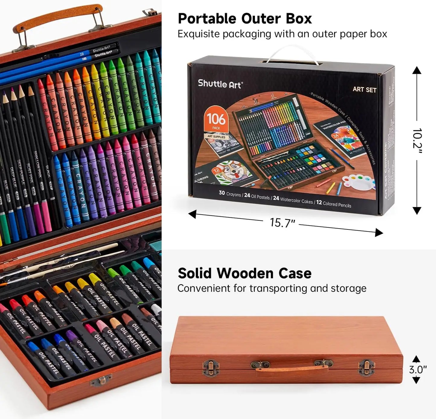 Deluxe Art Set In Wooden Case With Crayons Pencils Pastels