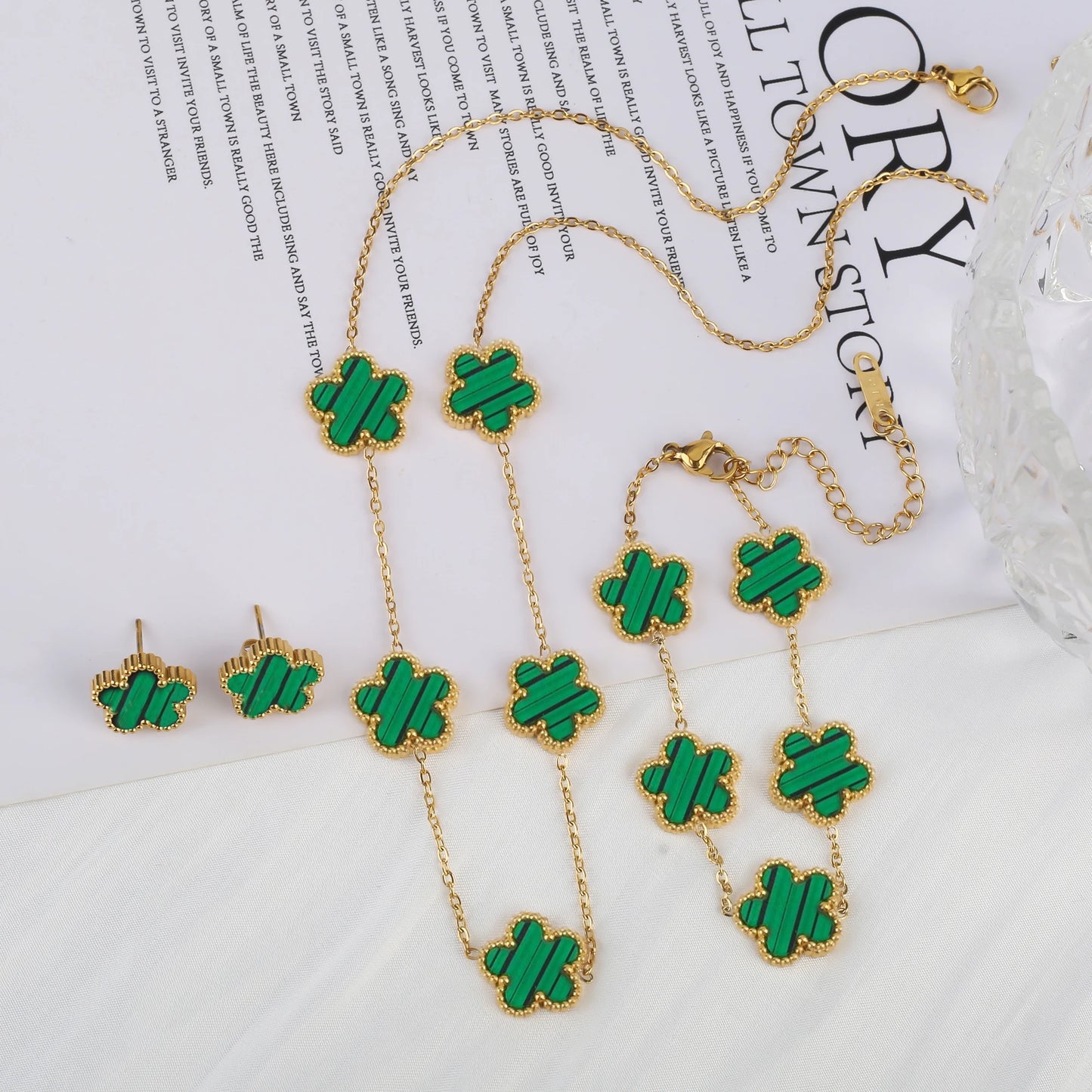 316L Stainless Steel Five Leaf Clover Jewelry Set Gold Plated