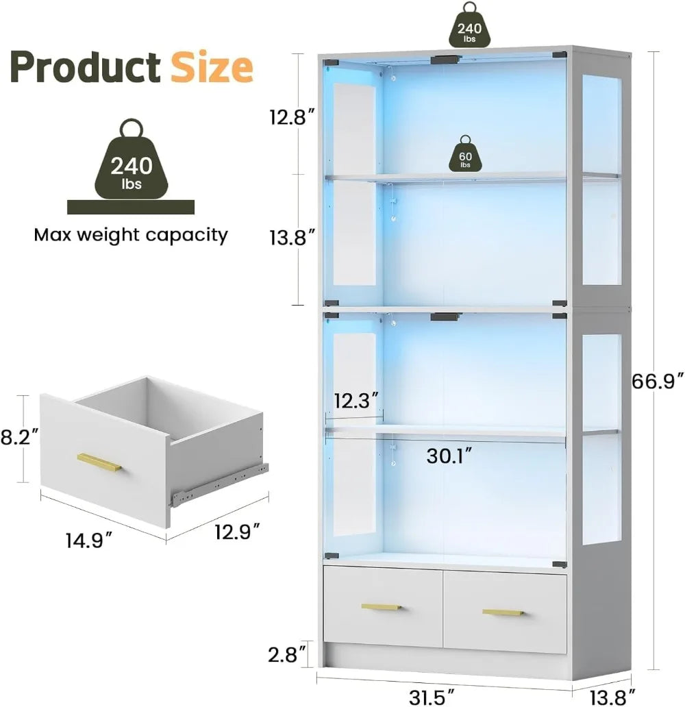 Curio Cabinet With Glass Doors And RGB LED Lights And 2 Drawers