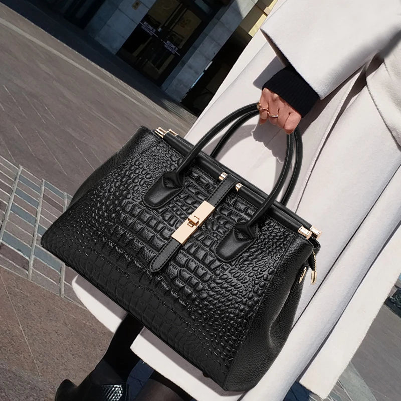 EP.MINGYUANCN Genuine Leather Crocodile Pattern Womens Tote Crossbody Bag LargeCapacity