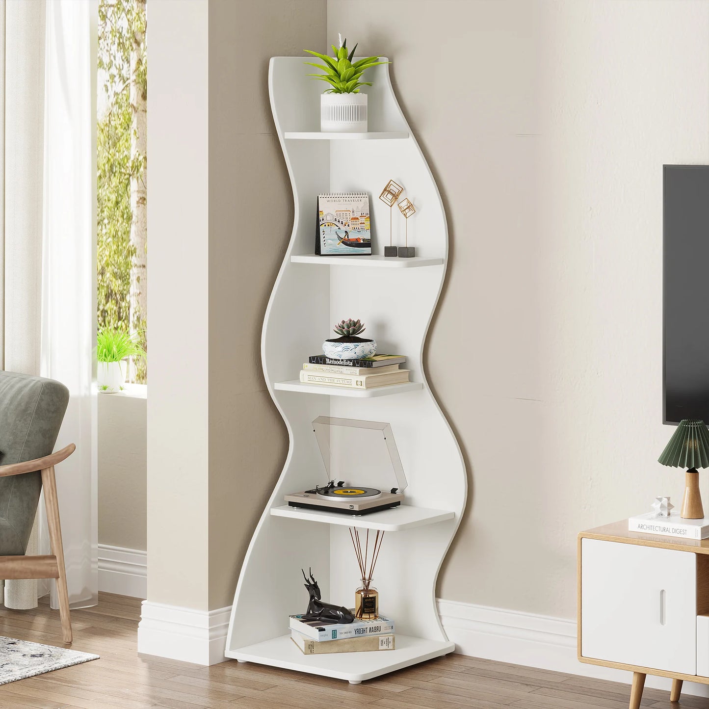 Tribesigns Modern 5 Tier Wooden Corner Storage Shelf