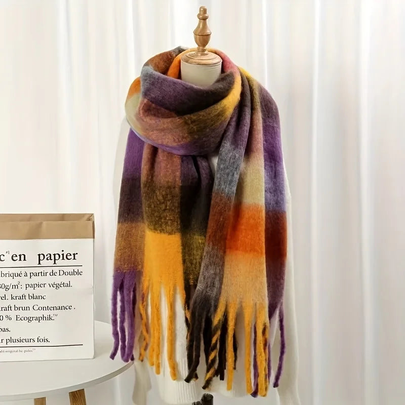 Boho Plaid Tassel Chunky Knit Scarf Shawl Neck Warmer
