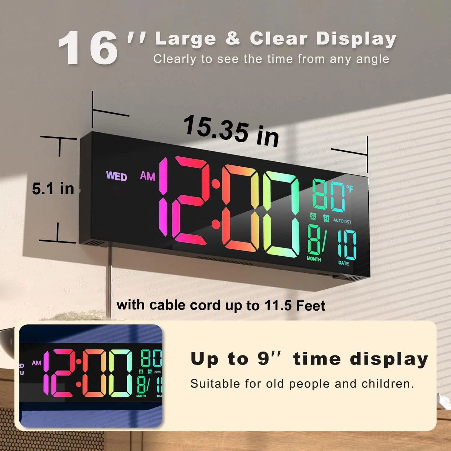 Digital Wall Clock With Remote Alarm Timer Temperature Auto DST LED Display