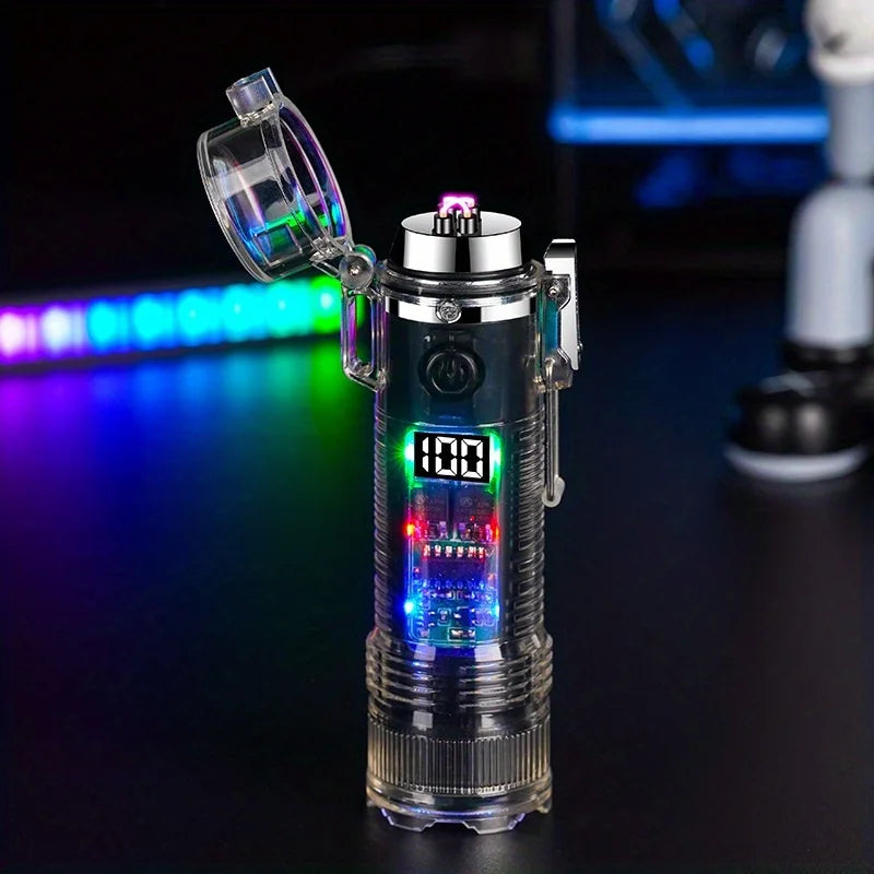 TopFlames Transparent Cylindrical Arc Plasma Lighter With Flashlight TypeC