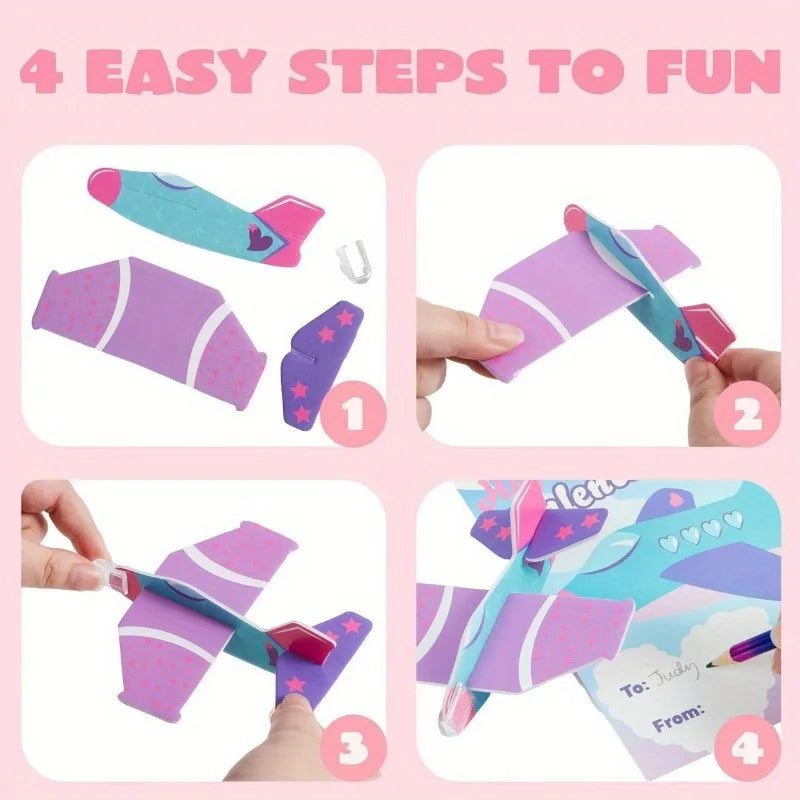 JOYFY 28 Valentines Day Foam Airplanes Greeting Cards with Valentine Punchline for School Classroom Exchange Prizes Party Favor