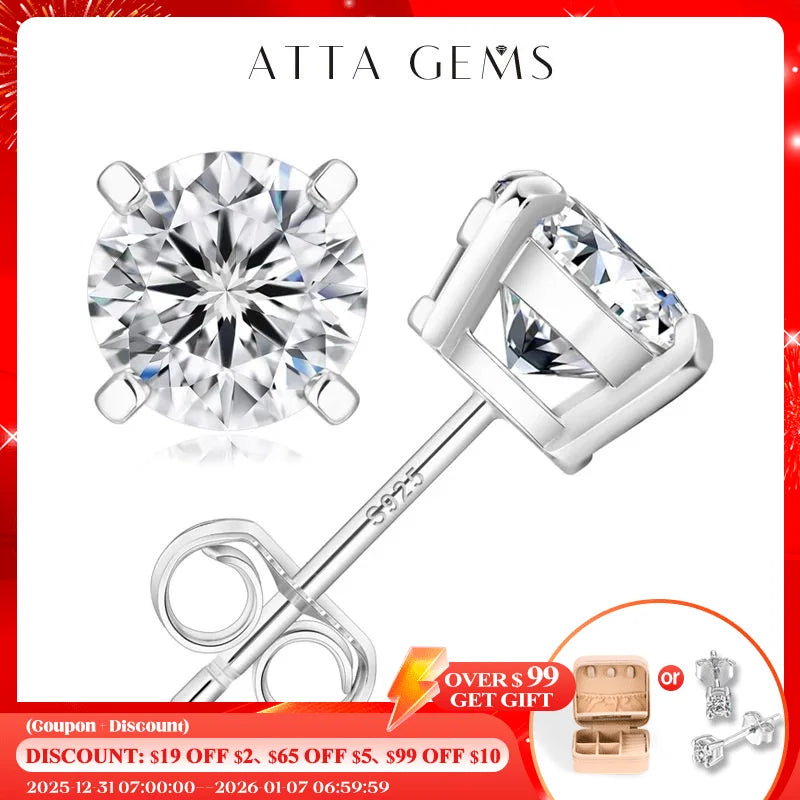 ATTAGEMS GenuineMoissaniteStones Four Claw Stud Earrings S925 Sterling Silver Jewelry