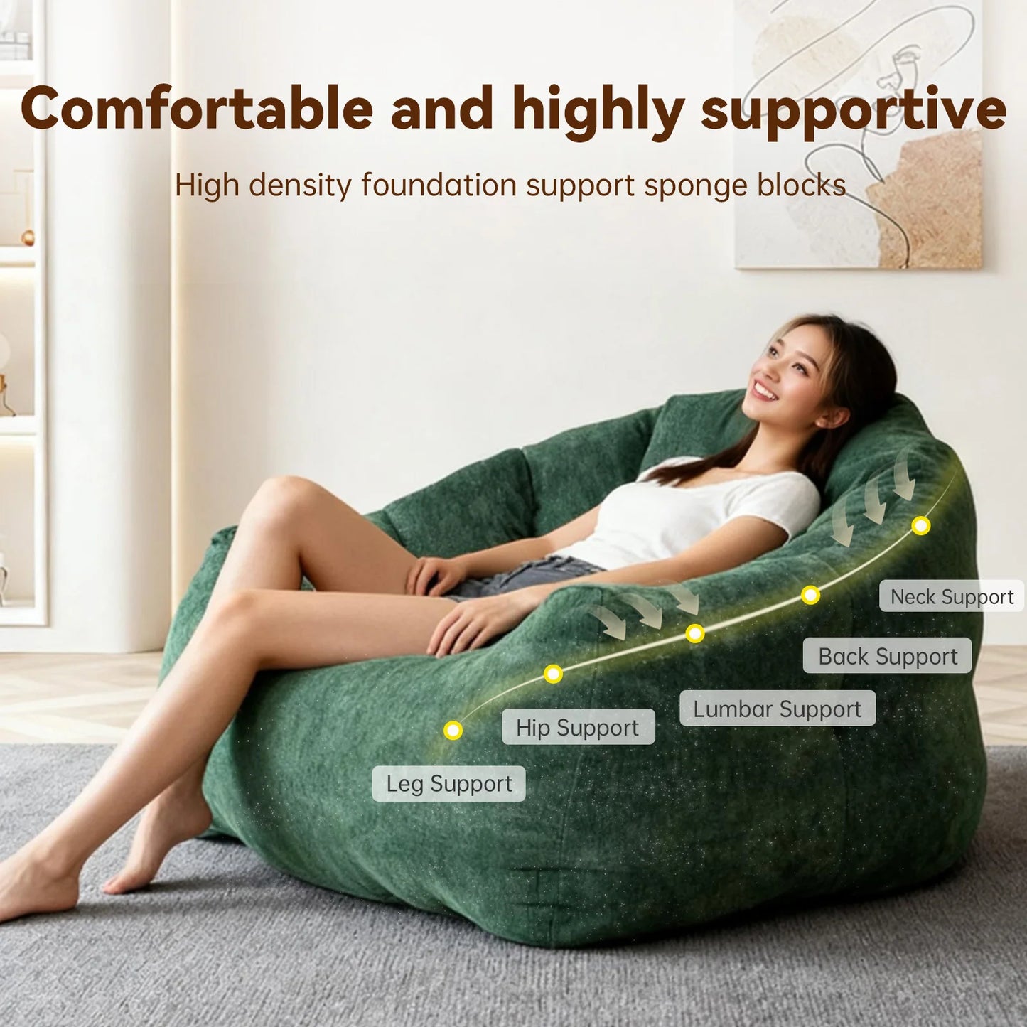 Adult Bean Bag Chair With Rabbit Fur Fabric And Memory Foam Reading Chair