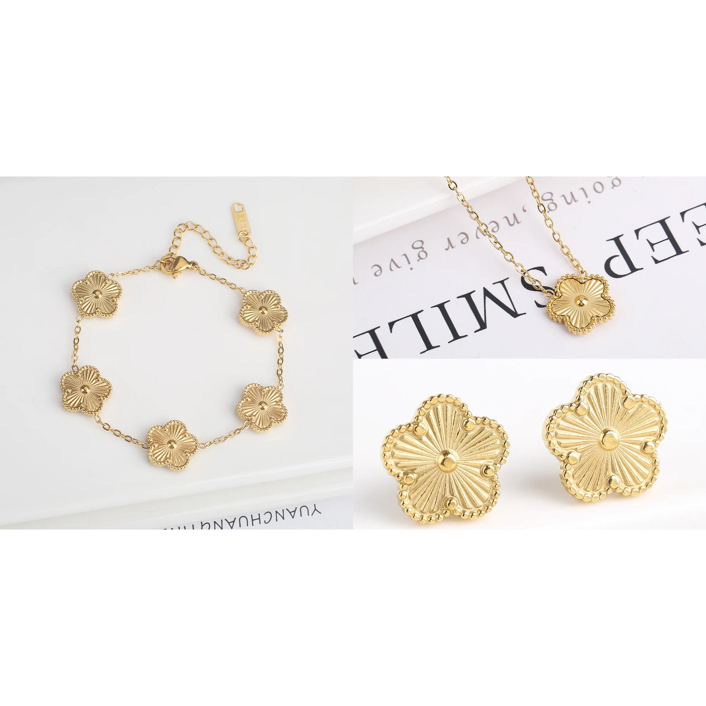 316L Stainless Steel Five Leaf Clover Jewelry Set Gold Plated