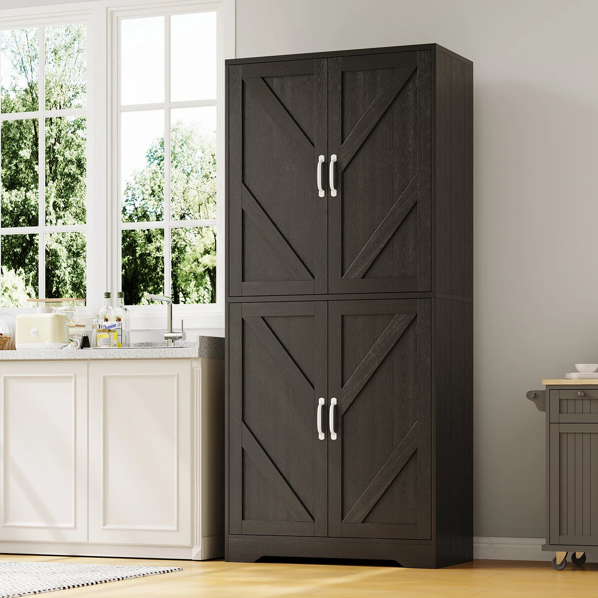 Farmhouse Kitchen Pantry Cabinet With Charging Station Drawer And Shelves