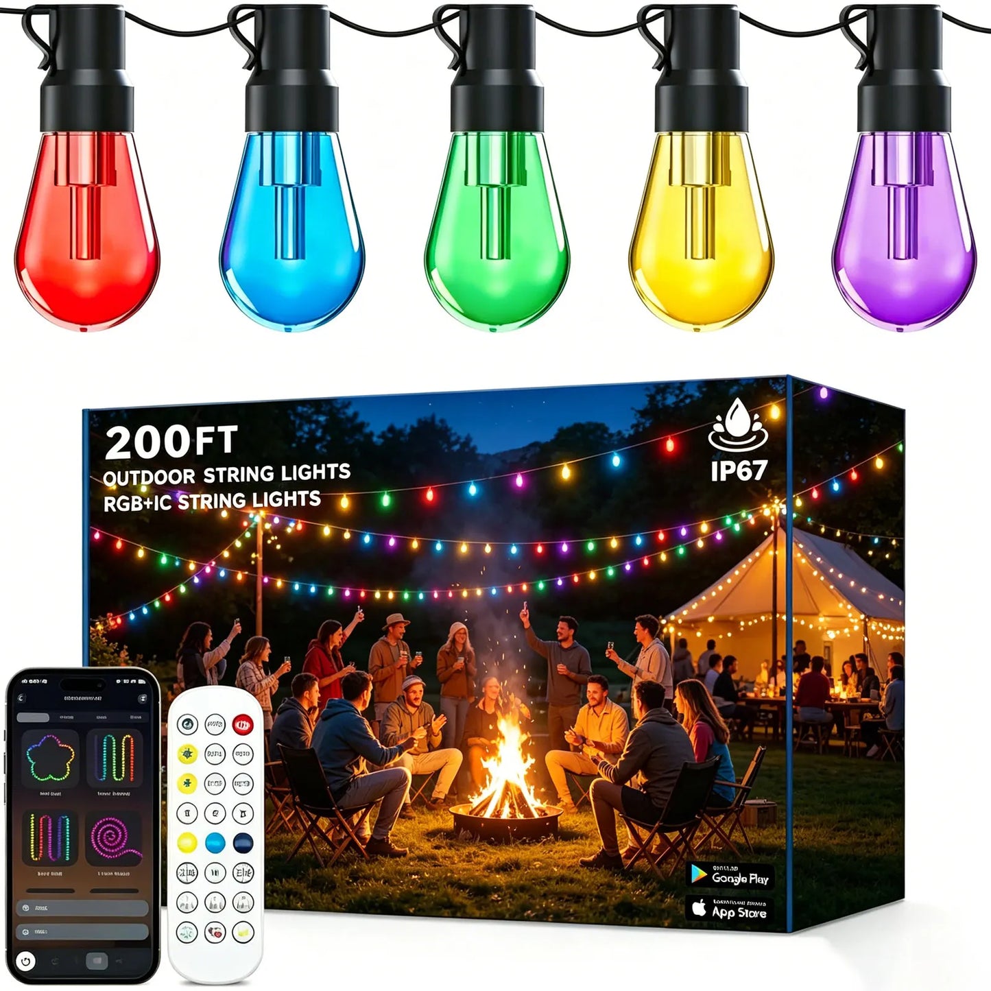 Smart App Controlled Outdoor String Lights With Dimmable LED Bulbs