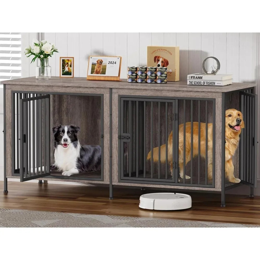78 Inch Dog Cage Furniture for 2 Pets with Divider, XXL Wooden Double Dog Crate Furniture TV Stand for Mideum and Large Breed,