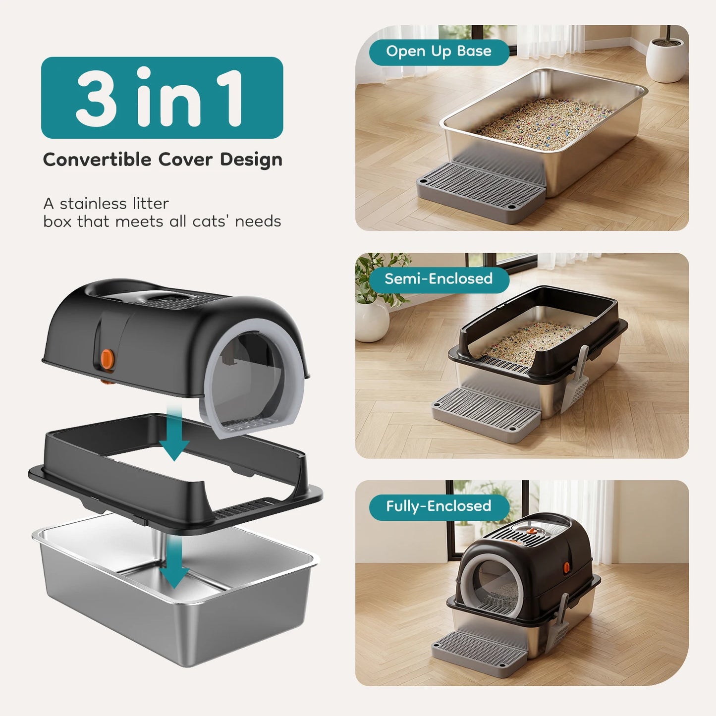 Stainless Steel Fully Enclosed Cat Litter Box With Scoop And Mat