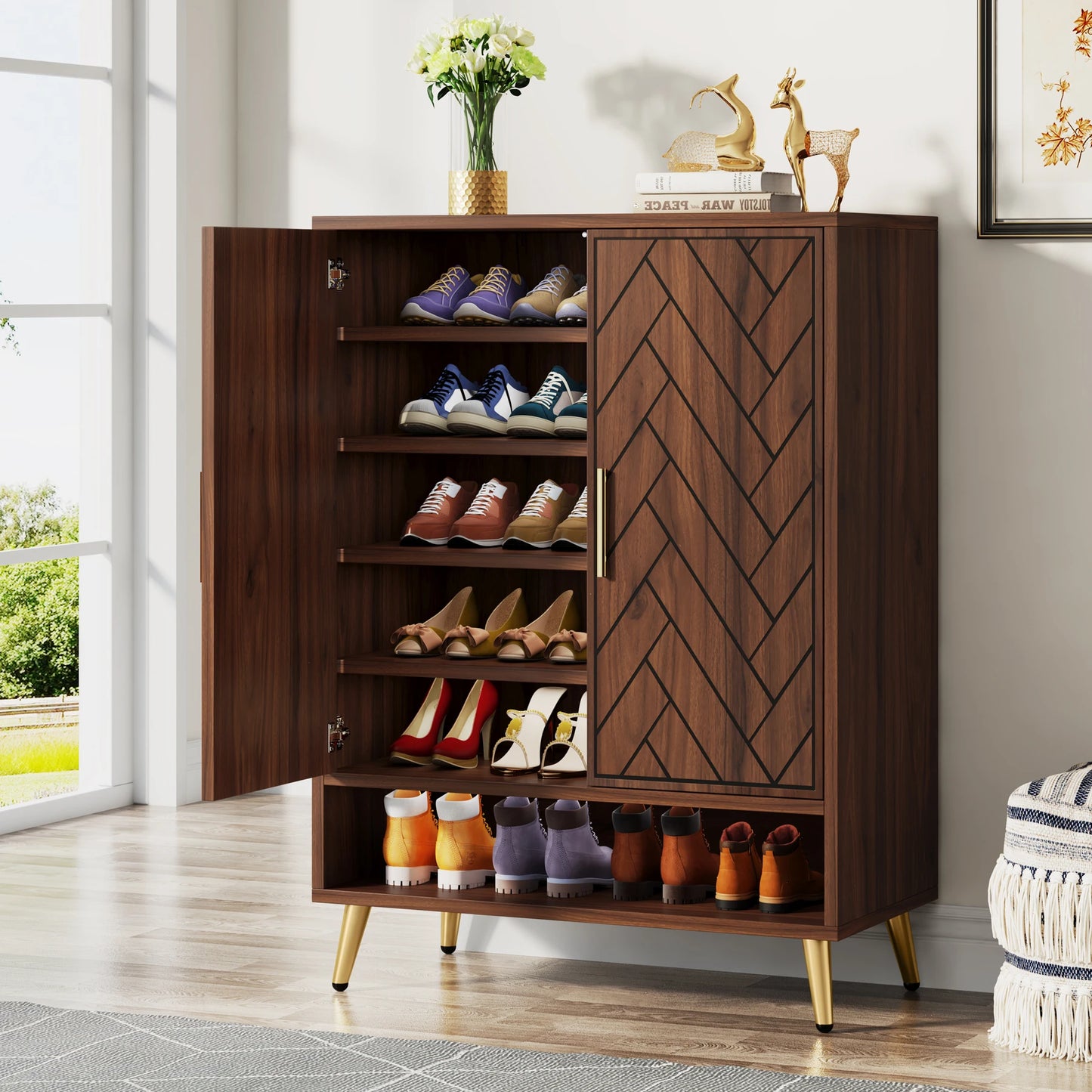 Tribesigns 6-Tier Wooden Shoe Cabinet with Doors and Adjustable Shelves