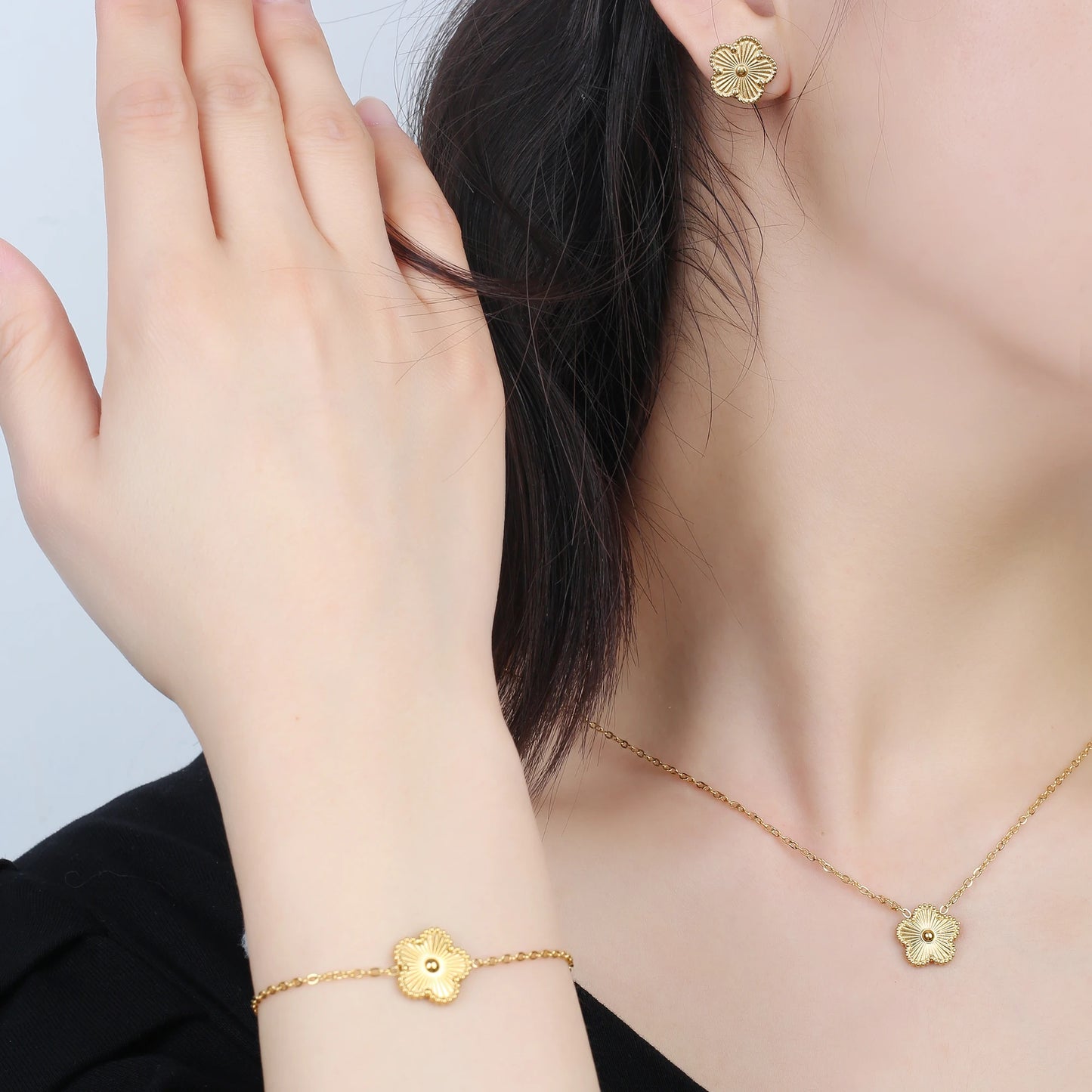 316L Stainless Steel Five Leaf Clover Jewelry Set Gold Plated