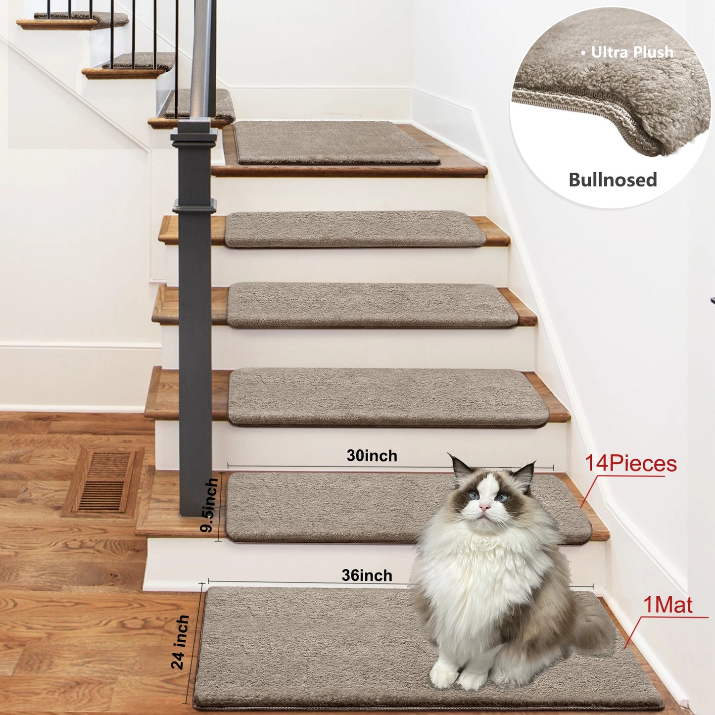 None Bullnose Non-Slip Stair Treads Ultra Plush Washable Adhesive Carpet Mats For Elderly And Pets - Safe And Non Slip