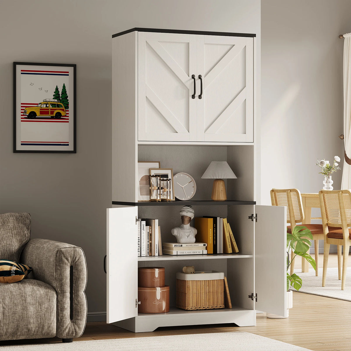 Farmhouse Kitchen Pantry Cabinet With Charging Station And Storage