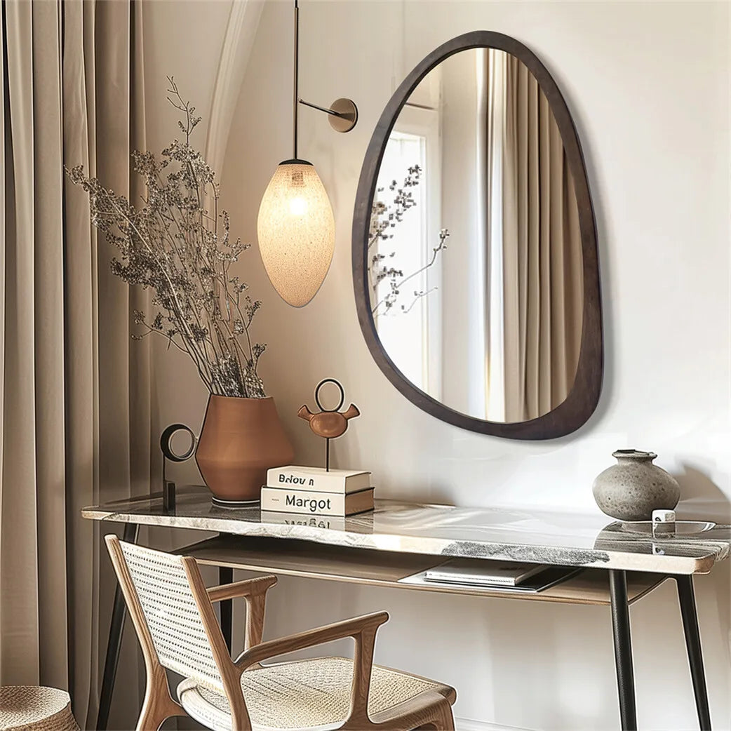 Wall Mirror Decorative Mirror Irregular Industrial Mirror with Black Walnut Wood Frame for Living Room Bedroom Bathroom Entryway