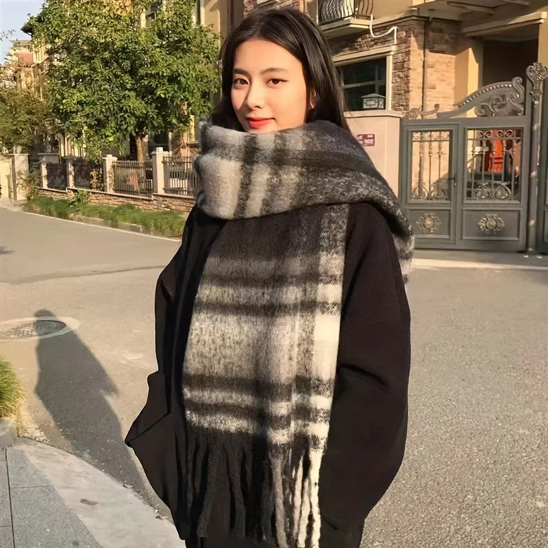 Boho Plaid Tassel Chunky Knit Scarf Shawl Neck Warmer