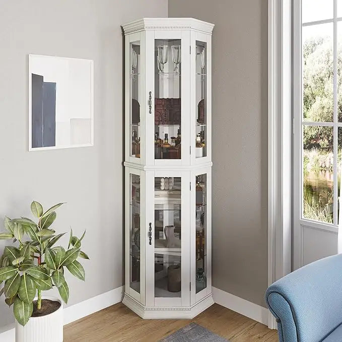 Lighted Three Side Glass Display Corner Curio Cabinet With Tempered Doors