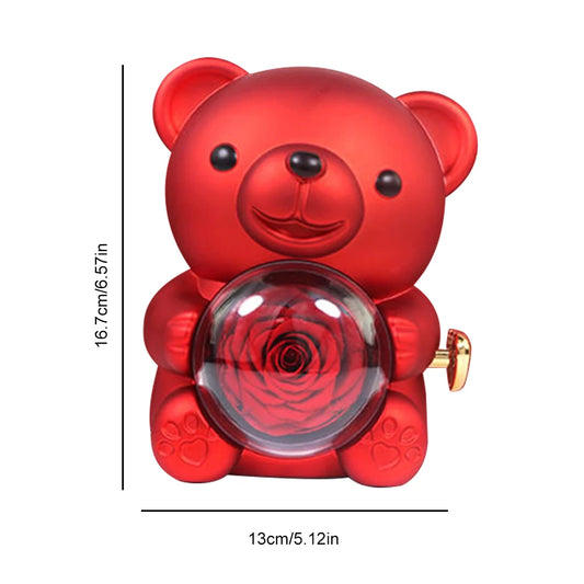 Rotating Eternal Rose Teddy Bear Jewelry Box - Valentine Wedding Gift Case