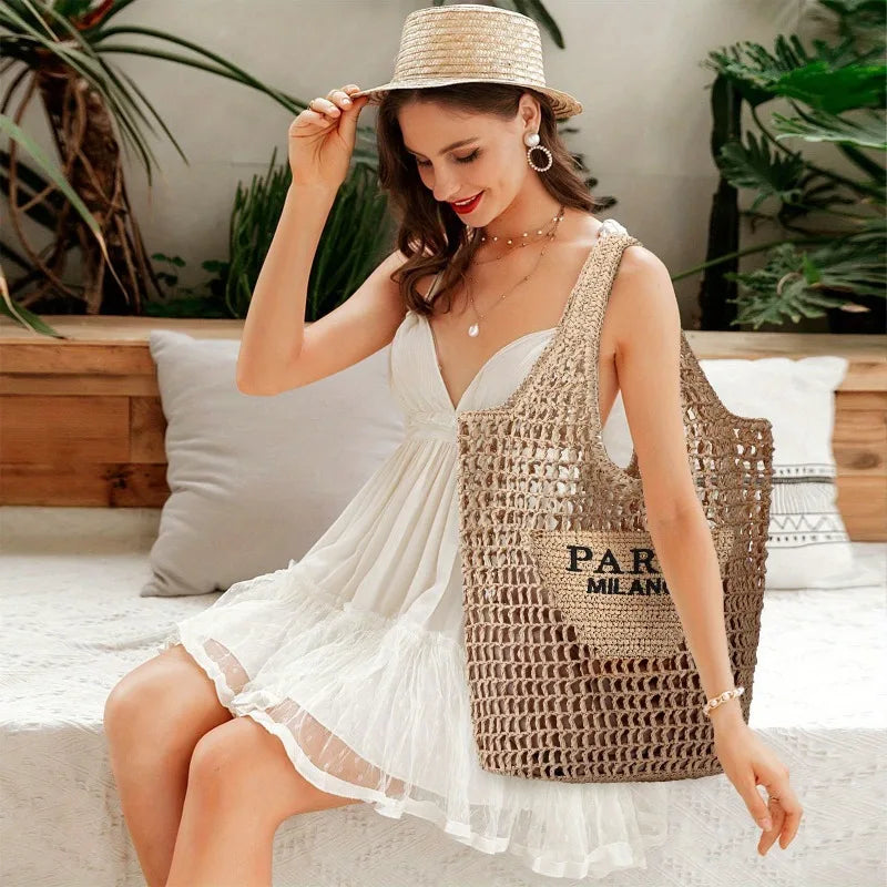 Straw Mesh Tote Bag For Women Crossbody Foldable Shoulder Purse