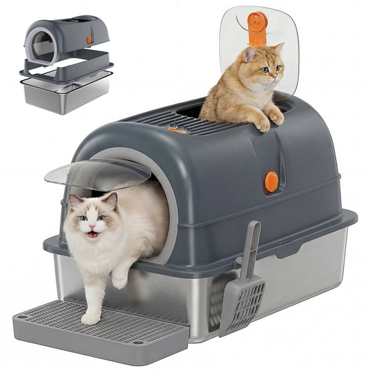 Stainless Steel Fully Enclosed Cat Litter Box With Scoop And Mat