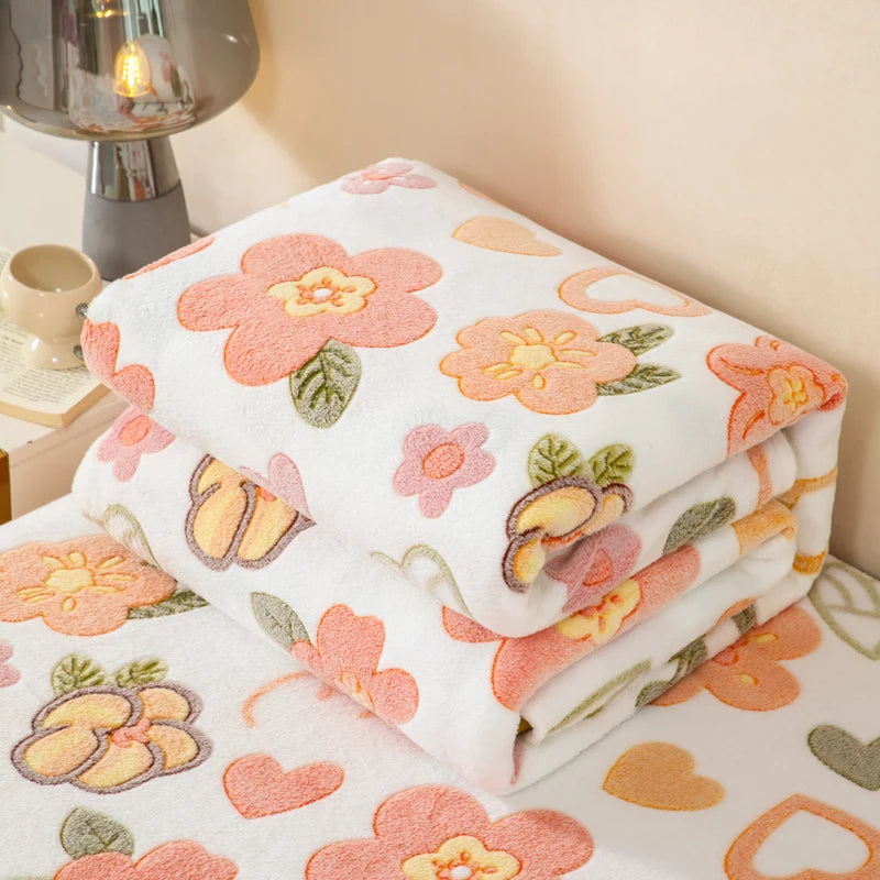 Floral Style Warm Fleece Bedspread Blanket Plaid Travel Shawl