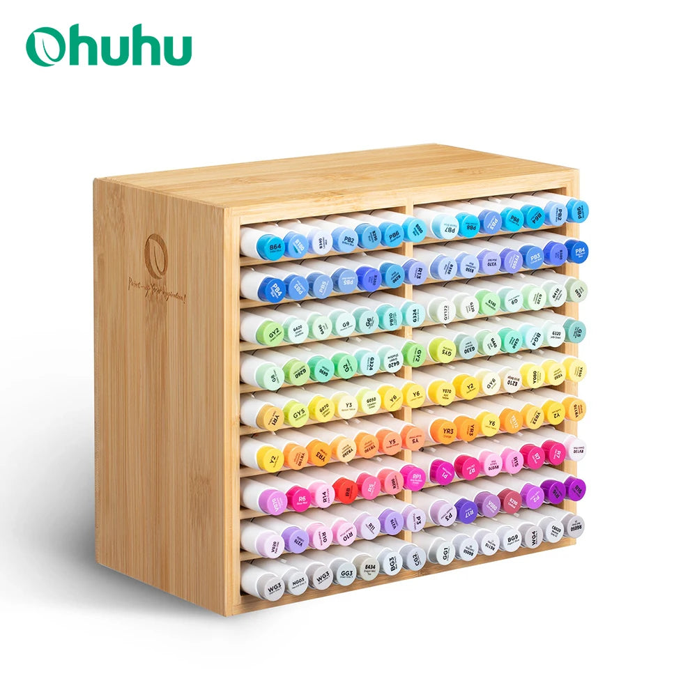 Ohuhu Bamboo Marker Organizer Wood Desk Storage for 126 Markers
