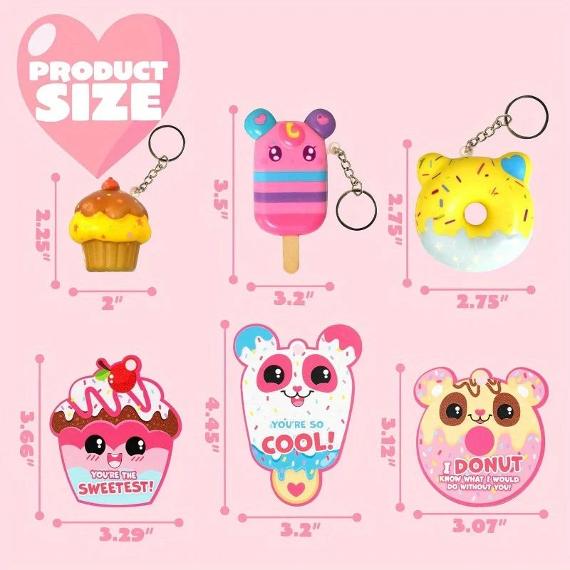 JOYFY 28 Pack Dessert squishy toys Stress Relief Keychains with Cards for Valentine’s Greeting Cards Party Favors Exchange Prize