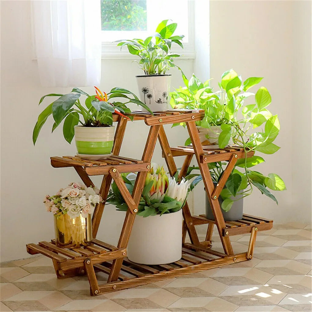 Carbonized Triangle 6 Tier Corner Wood Plant Stand