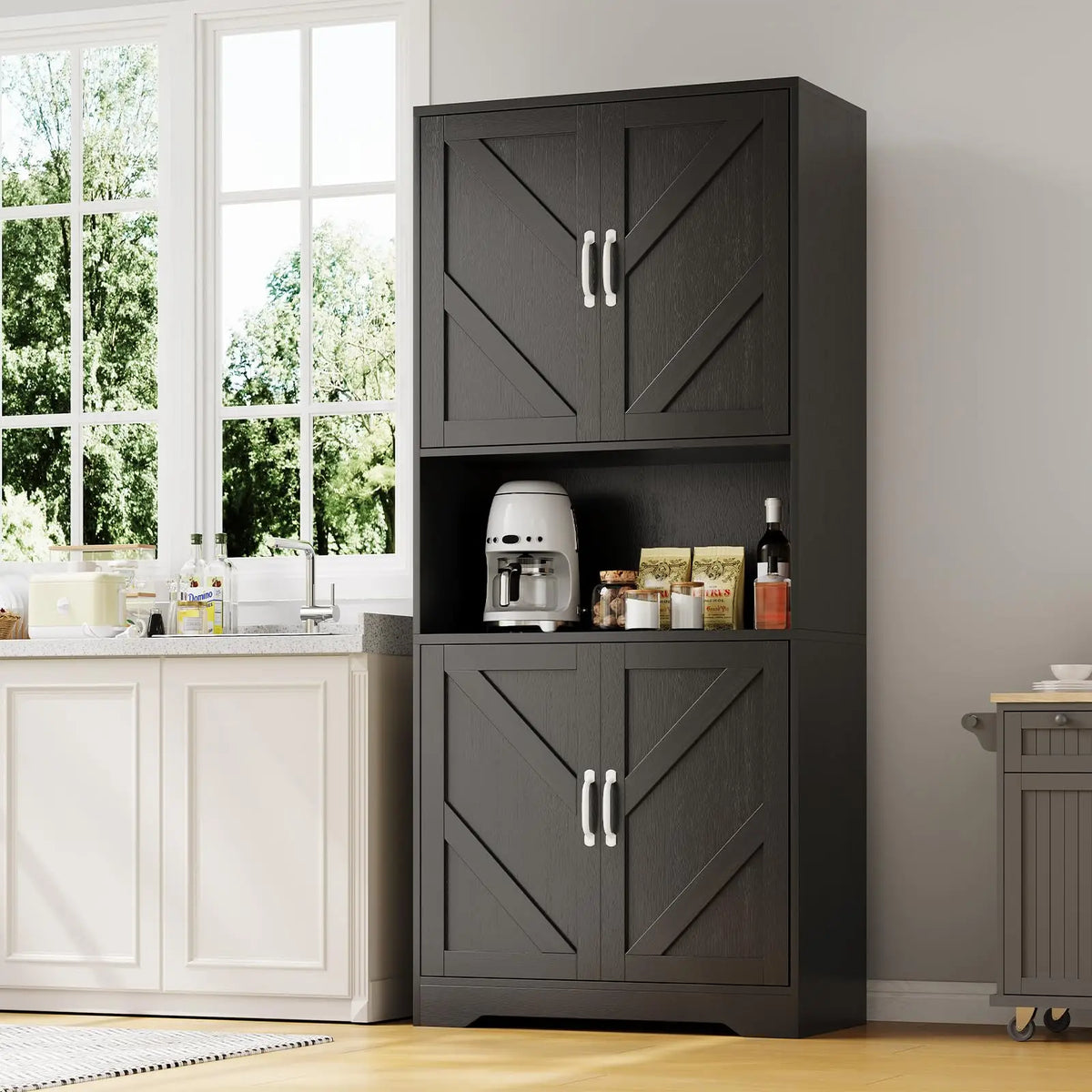 Farmhouse Kitchen Pantry Cabinet With Charging Station Drawer And Shelves